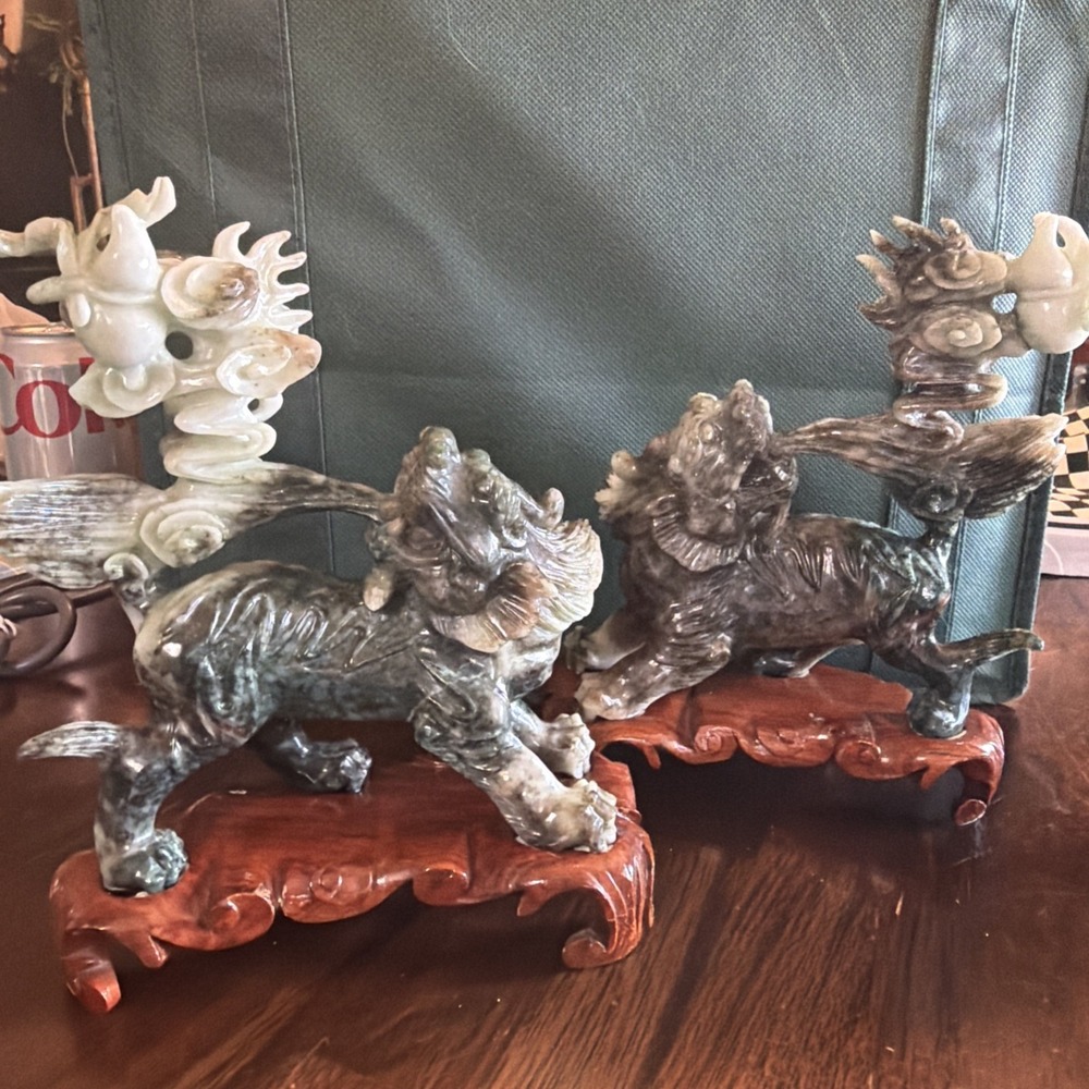 Vintage Chinese Nephrite Jade Foo Dog Guardian Lions Pair Carved Wood Stands 6"
